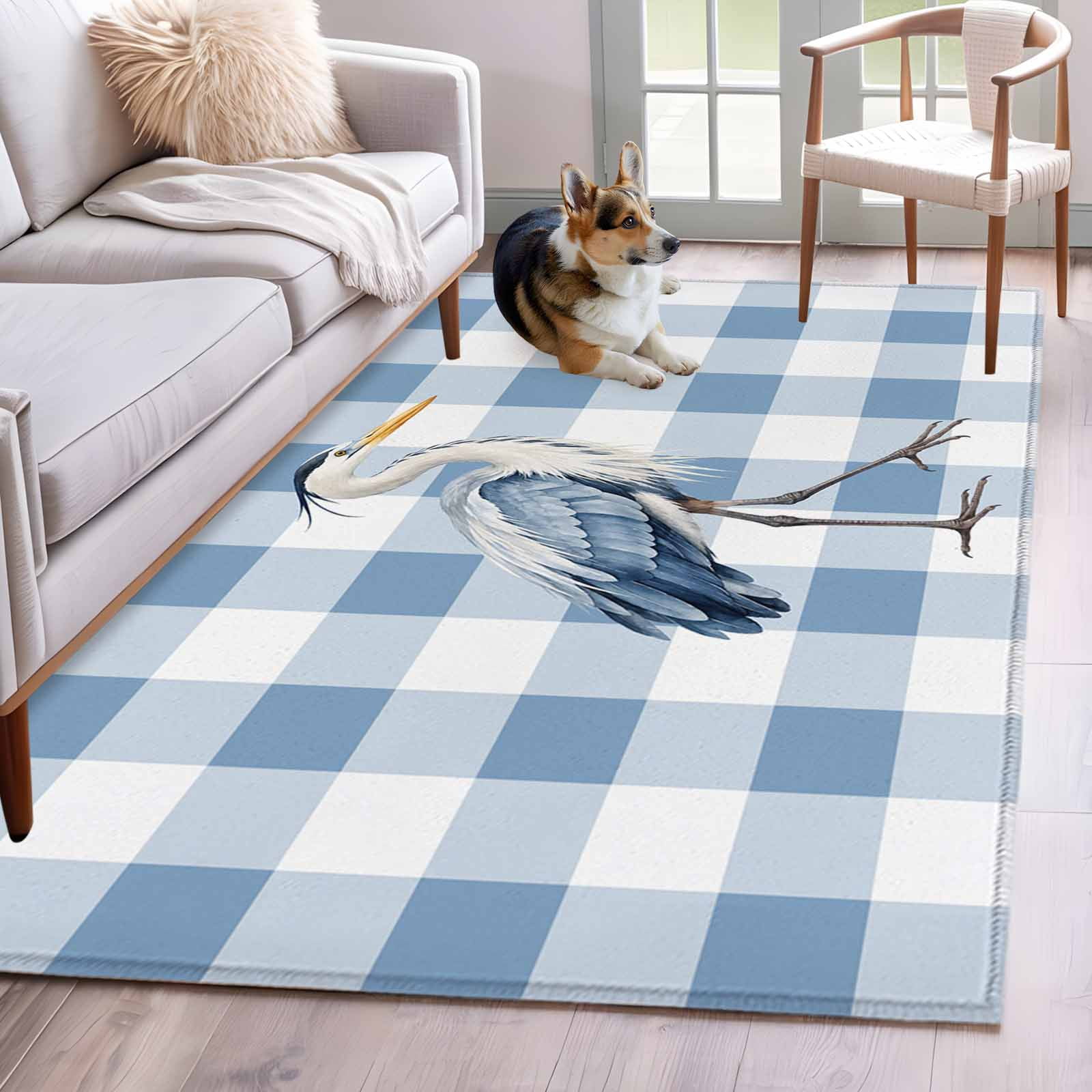 Great Blue Heron Non-Slip Non-Shedding Floor Mat, Sky Blue Plaid ...