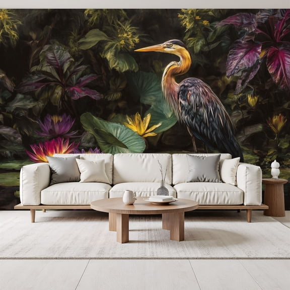 Great Blue Heron Water Wallpaper Tropical Water Garden Lotus Flowers Dark Peel and Stick Wall Murals 69"H x 96"W Removable PVC Wall Paper Self-Adhesive Wall Decor for Bedroom Living Room