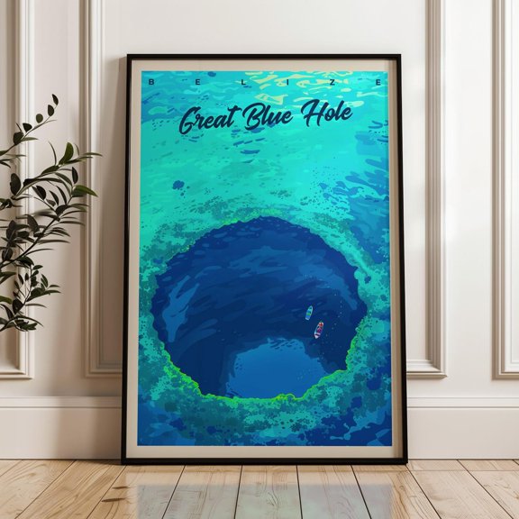 Great Blue Hole Travel Print Belize Wall Art Print, Illustration Print, Artwork, Home & Office decor, idea, Diving Travel print, Unframed Canvas 12x16in