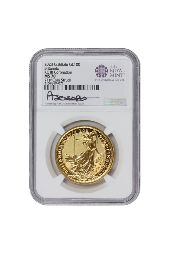 Great Britain 2023 100 1oz Gold King Charles III Coronation Coin NGC MS70 71st Coin Struck Jessopp Label