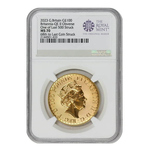 Great Britain 2023 £100 Gold Britannia QEII NGC MS70 68th to Last Coin Struck The Royal Mint Label British Royal Mint coin