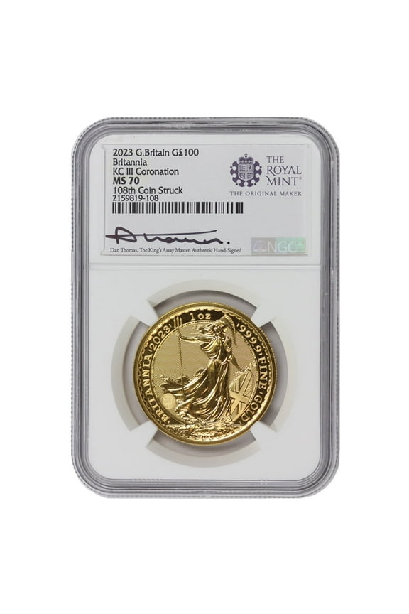 Great Britain 2023 1oz Gold King Charles III Coronation Coin MS-70 108th Coin Struck Thomas Label 100 NGC MS70 British Royal Mint