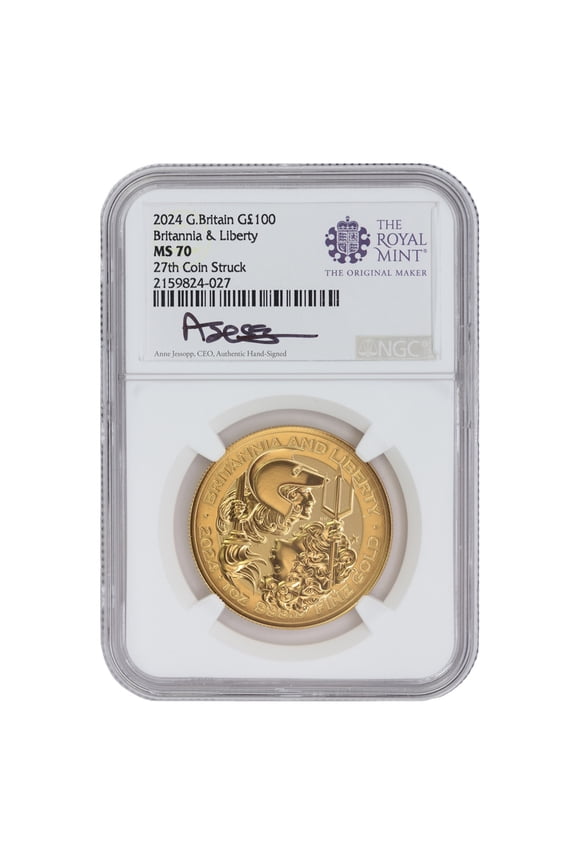 Great Britain 2024 100 1oz Gold Britannia & Liberty Coin NGC MS70 27th Coin Struck Jessopp Label