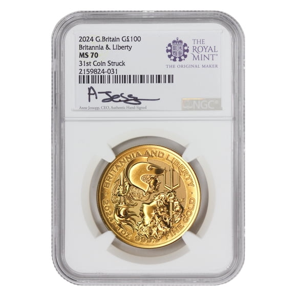Great Britain 2024 £100 1oz Gold Britannia & Liberty Coin NGC MS70 31st Coin Struck Jessopp Label