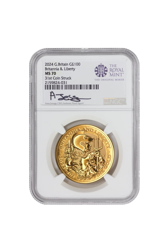 Great Britain 2024 100 1oz Gold Britannia & Liberty Coin NGC MS70 31st Coin Struck Jessopp Label