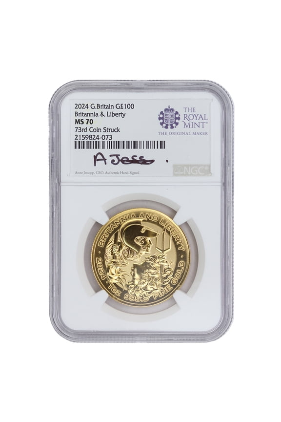 Great Britain 2024 100 1oz Gold Britannia & Liberty Coin NGC MS70 73rd Coin Struck Jessopp Label