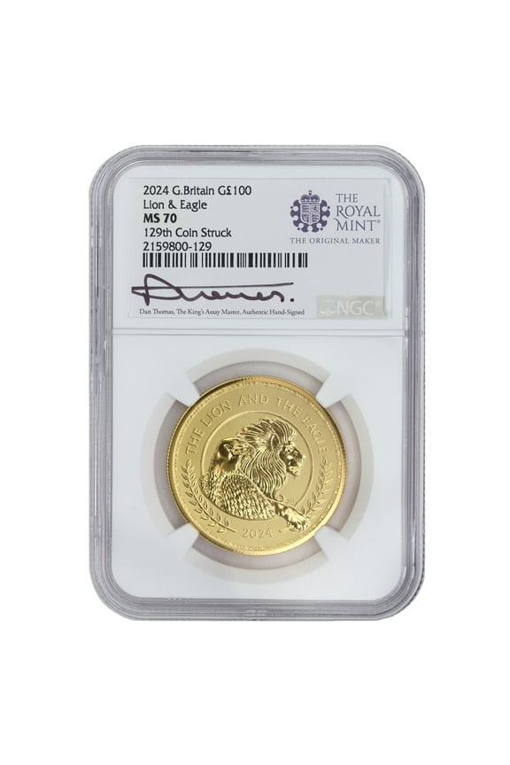 Great Britain 2024 100 Gold Lion & Eagle Coin NGC MS70 129th Coin Struck Thomas Label
