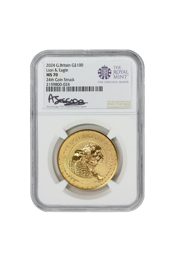 Great Britain 2024 100 Gold Lion & Eagle Coin NGC MS70 24th Coin Struck Jessopp Label
