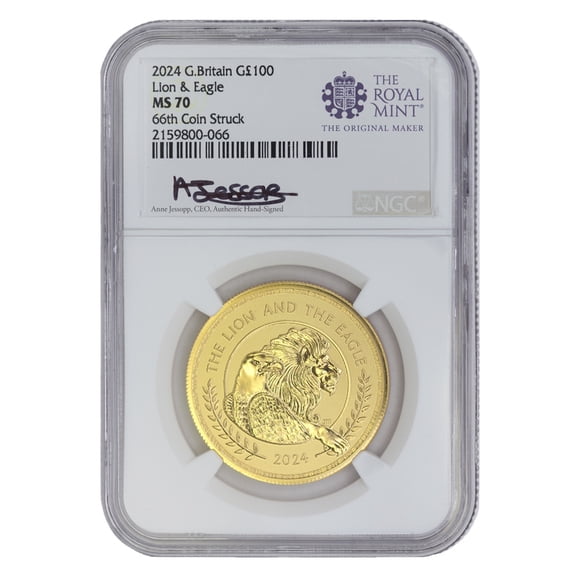 Great Britain 2024 £100 Gold Lion & Eagle Coin NGC MS70 66th Coin Struck Jessopp Label