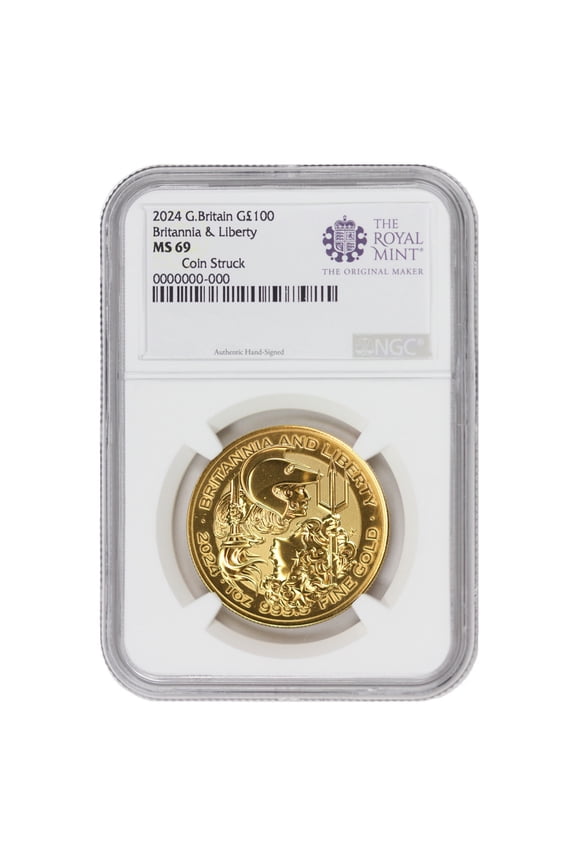 Great Britain 2024 1oz Gold Britannia & Liberty Coin MS-69 Numbered and Signed Label 100 NGC MS69