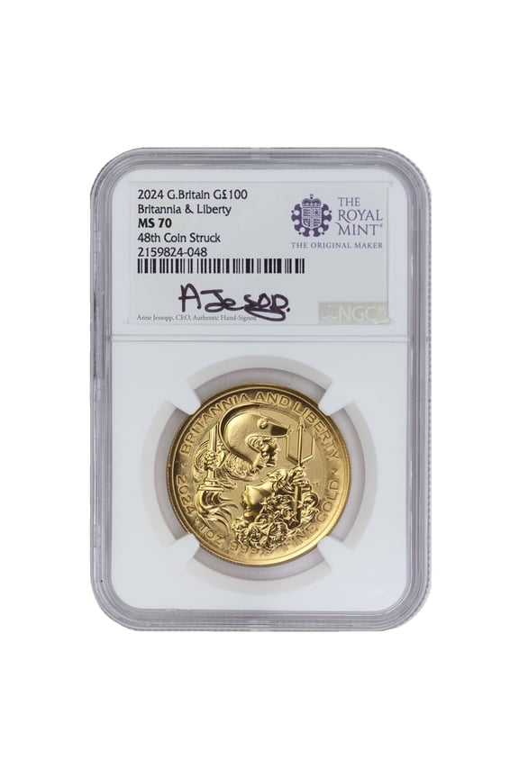 Great Britain 2024 1oz Gold Britannia & Liberty Coin NGC MS70 48th Coin Struck Jessopp Label 100 British Royal Mint