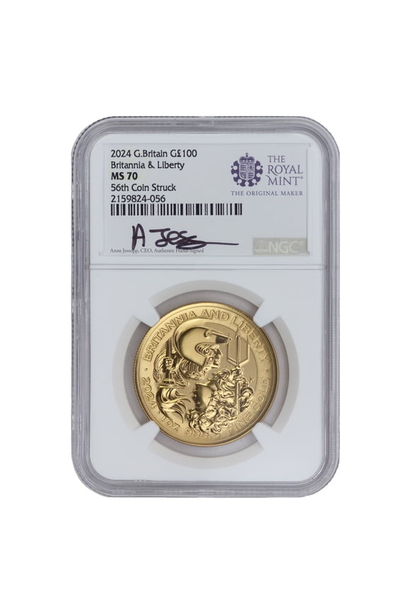 Great Britain 2024 1oz Gold Britannia & Liberty Coin NGC MS70 56th Coin Struck Jessopp Label 100