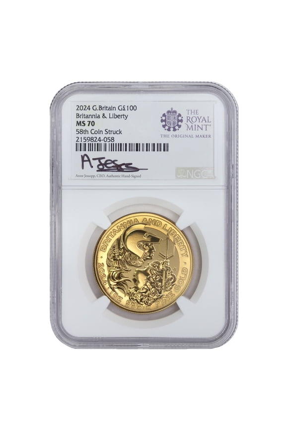 Great Britain 2024 1oz Gold Britannia & Liberty Coin NGC MS70 58th Coin Struck Jessopp Label 100