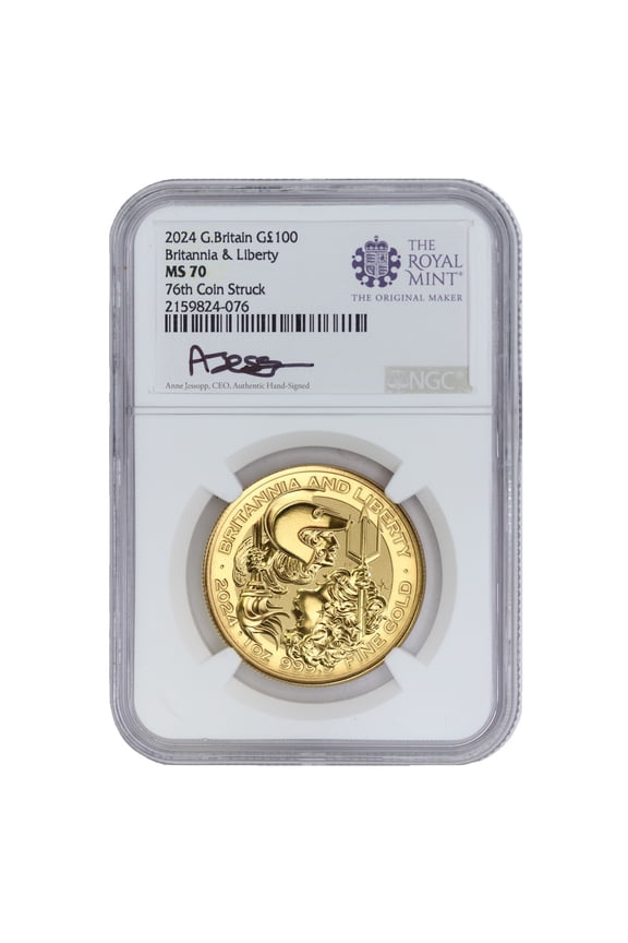 Great Britain 2024 1oz Gold Britannia & Liberty Coin NGC MS70 76th Coin Struck Jessopp Label 100