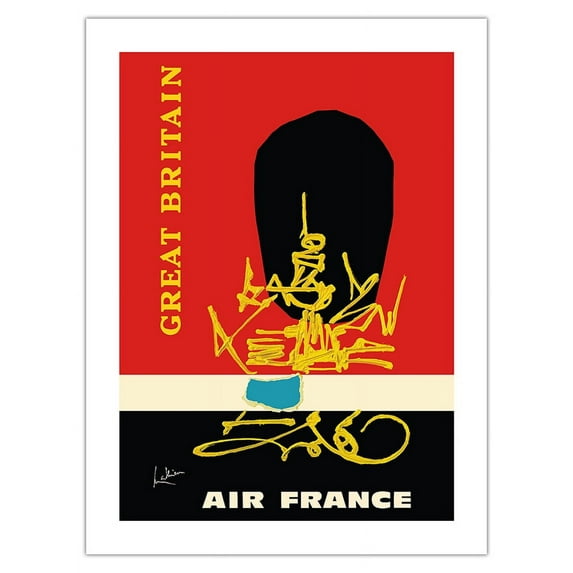 Great Britain - Queen’s Guard - France - Vintage Airline Travel Poster by Georges Mathieu c.1967 - Fine Art Matte Paper Print (Unframed) 18x24in