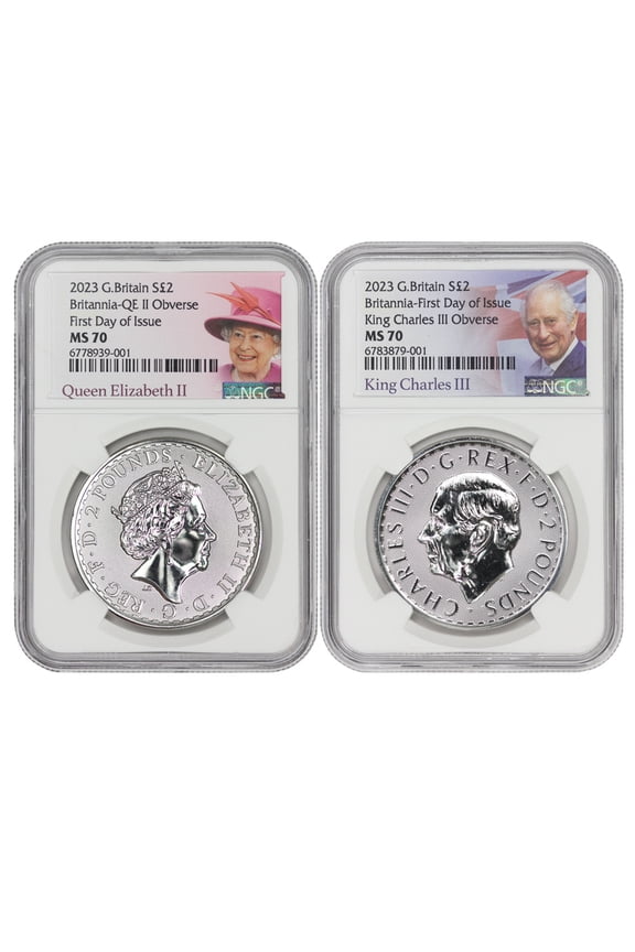 Great Britain Set of 2 2023 1oz Silver Britannia Queen & King Coins NGC MS70 First Day of Issue