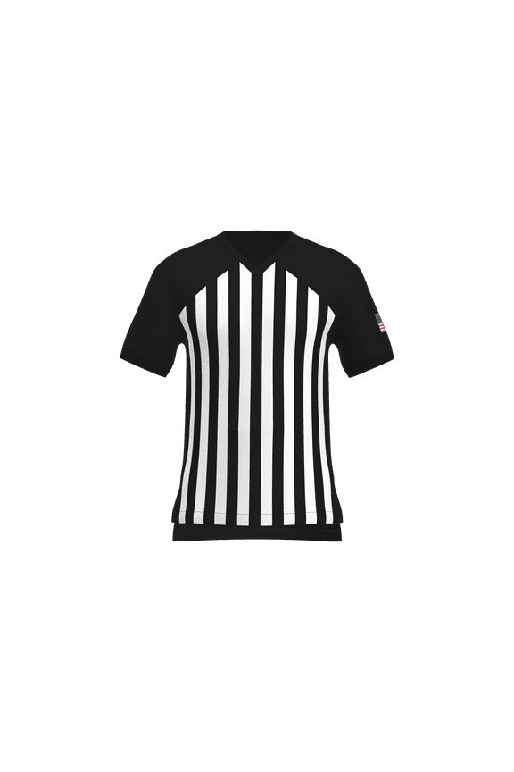 Men’s NCAA Basketball Referee Shirt w/USA Flag Collegiate Official's Short Sleeve College High School Black Stripes - Medium