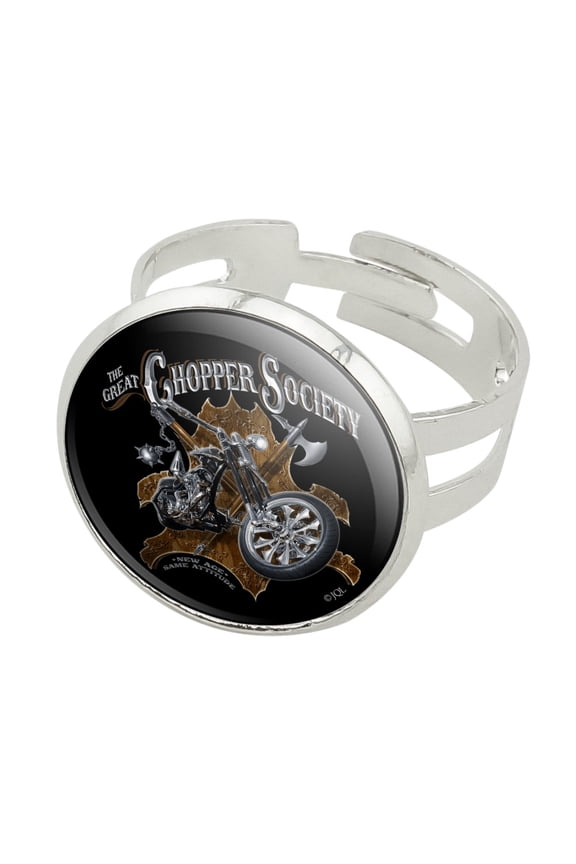 Great Chopper Society Axe Mace Biker Motorcycle Silver Plated Adjustable Novelty Ring