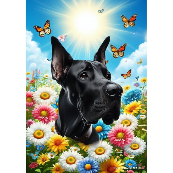 Great Dane Black Cropped - Best of Breed Summer Butterflies Outdoor House Flag 28" x 40" Mailbox Flag Dog Flag