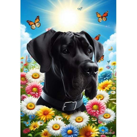 Great Dane Black Uncropped - Best of Breed Summer Butterflies Outdoor Garden Flag 12" x 17" Mailbox Flag Dog Flag