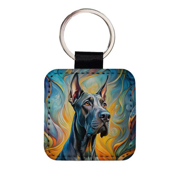 Great Dane Dog Abstract Art Faux Leather Square Keychain