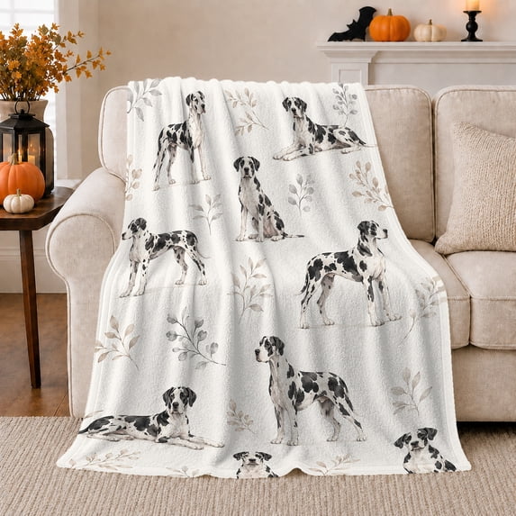 Great Dane Dog Autumn Leaves Pattern, Peaceful Pet Portrait Pattern, Warm Flannel Blanket for Living Room and Bedroom, Dog Lovers Thanksgiving Gift, Pet Lover Home Decor