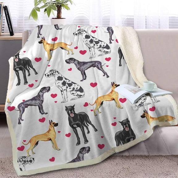 Great Dane Dog Blanket Red Heart Puppy Print Sherpa Fleece Throw Blanket Funny Dog Portrait Plush Blankets (Throw, 50 x 60 Inches)
