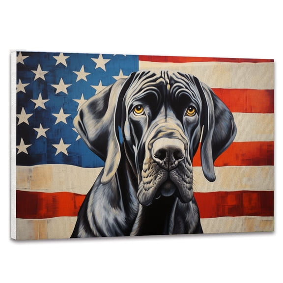 Great Dane Dog Canvas with American Flag Canvas Wall Art Dog Canvas Pictures for Wall Decor Red White Blue Flag of USA Patriotic Painting Print for Living Room Bedroom Office Ready to Hang