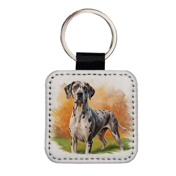 Great Dane Dog Illustration Faux Leather Square Keychain