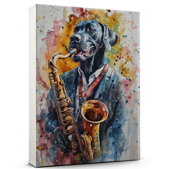 Great Dane Dog Playing Saxophone Wall Stretched Canvas Size 8x12 – Great Dane Canvas Art for Dog Lovers, Saxophone Canvas Wall Decor