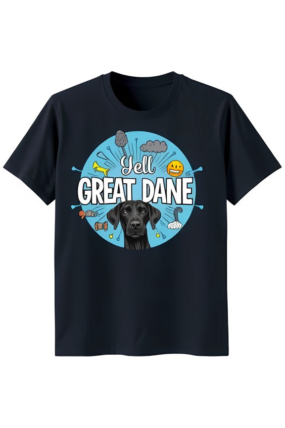 Great Dane Graphic T-Shirt Blue Circular Design on Black Tee Yell Great Dane