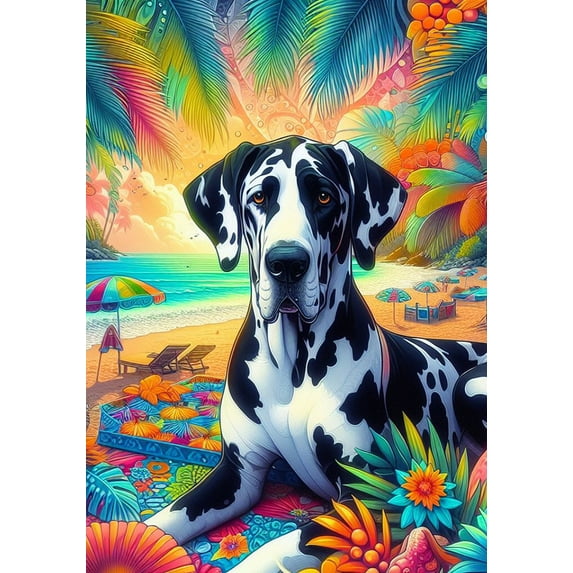 Great Dane Harlequin Uncropped - Best of Breed DCR Summer Garden Flag 12" x 17"