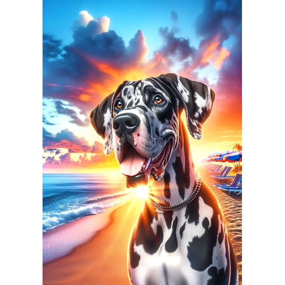 Great Dane Harlequin Uncropped - Best of Breed DCR Summer Sunset Outdoor Garden Flag 12" x 17"