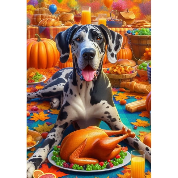Great Dane Harlequin Uncropped - Best of Breed DCR Thanksgiving Garden Flag 12" x 17"
