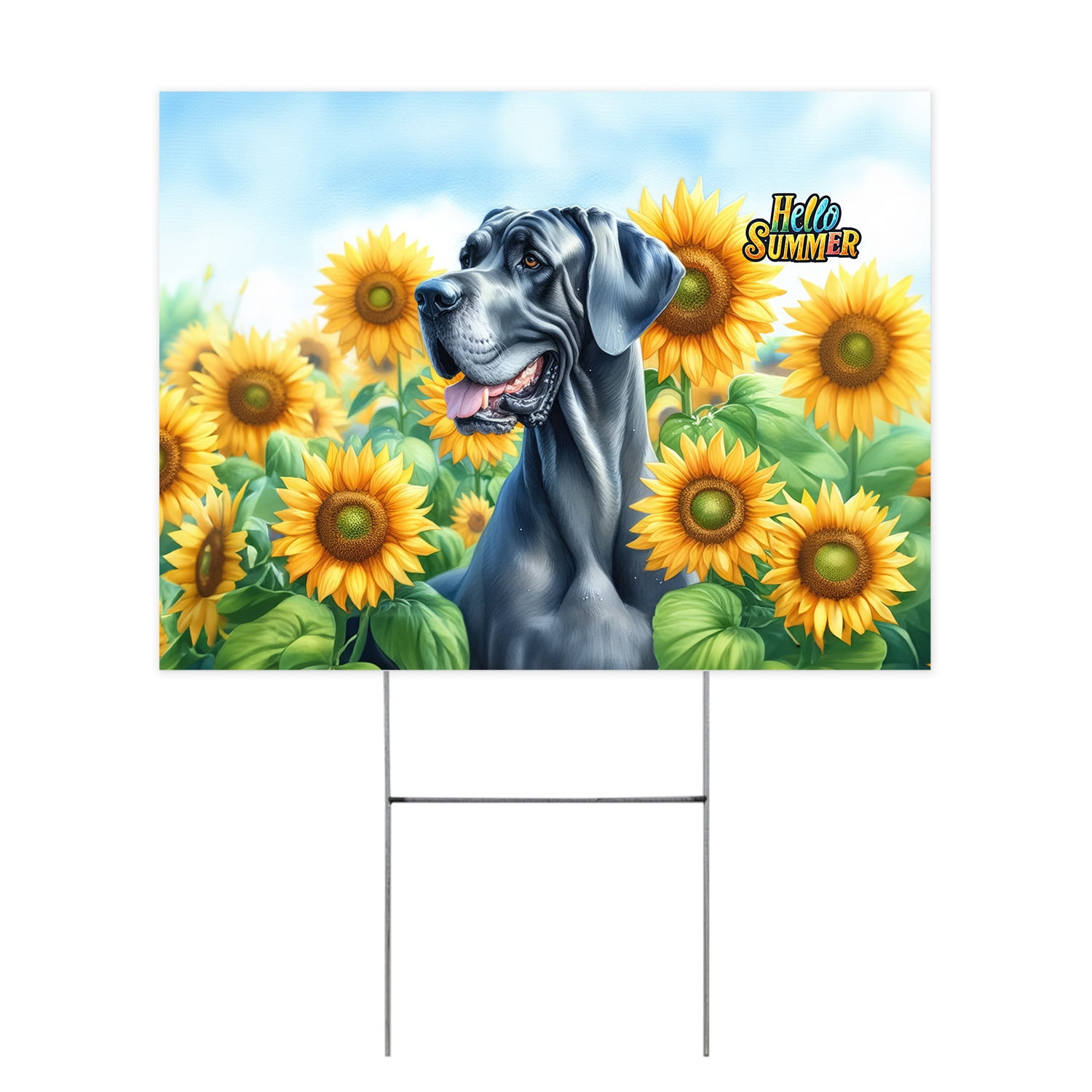 Great Dane Hello Summer Sunshine Sunflowers Spring Retro Vintage Yard Sign Danes Dog Lover Gifts Outdoor Home Lawn Garden Porch Decor - 00008
