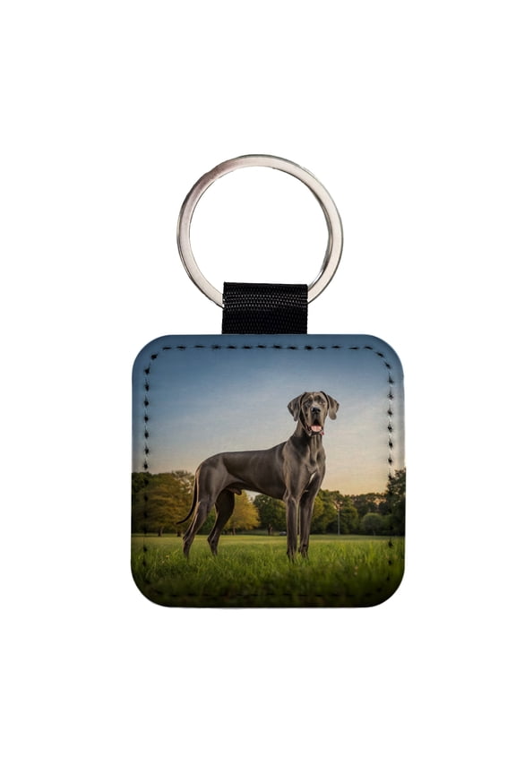 Great Dane In Grass Faux Leather Square Keychain