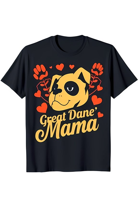 Great Dane T-Shirt Black Tee with Yellow Great Dane Head Graphic Red Hearts