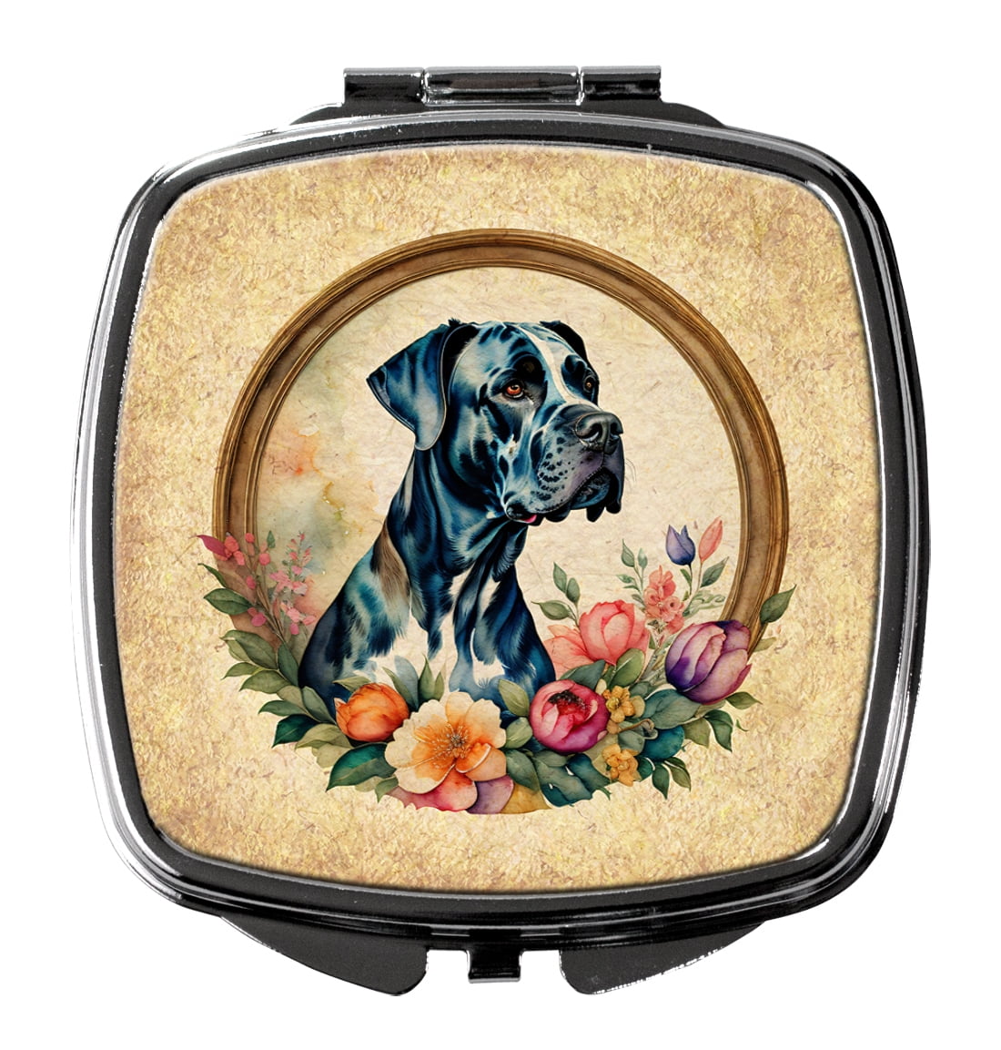 Great Dane and Flowers Compact Mirror 2.75 in x 3 in