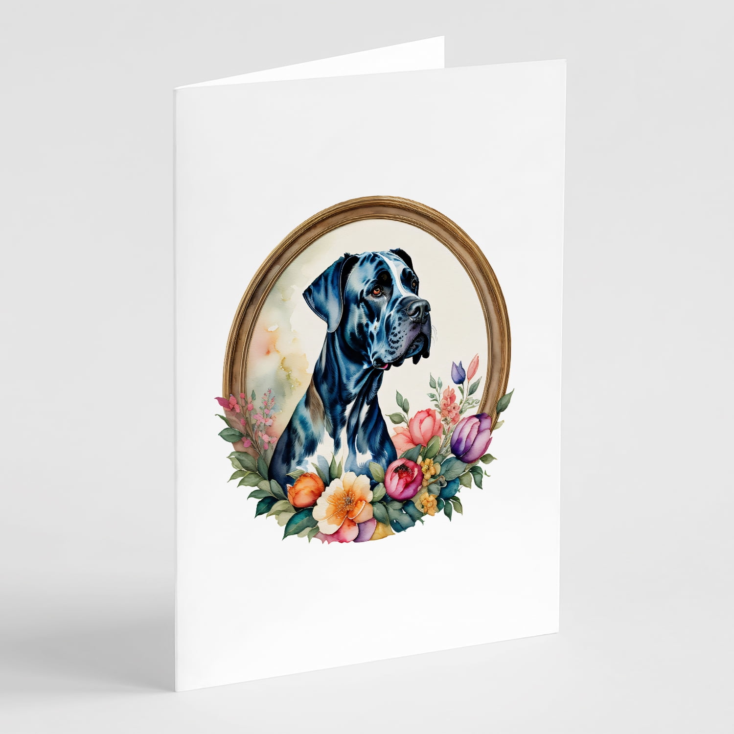 Great Dane and Flowers Greeting Cards and Envelopes Pack of 8 7 in x 5 in