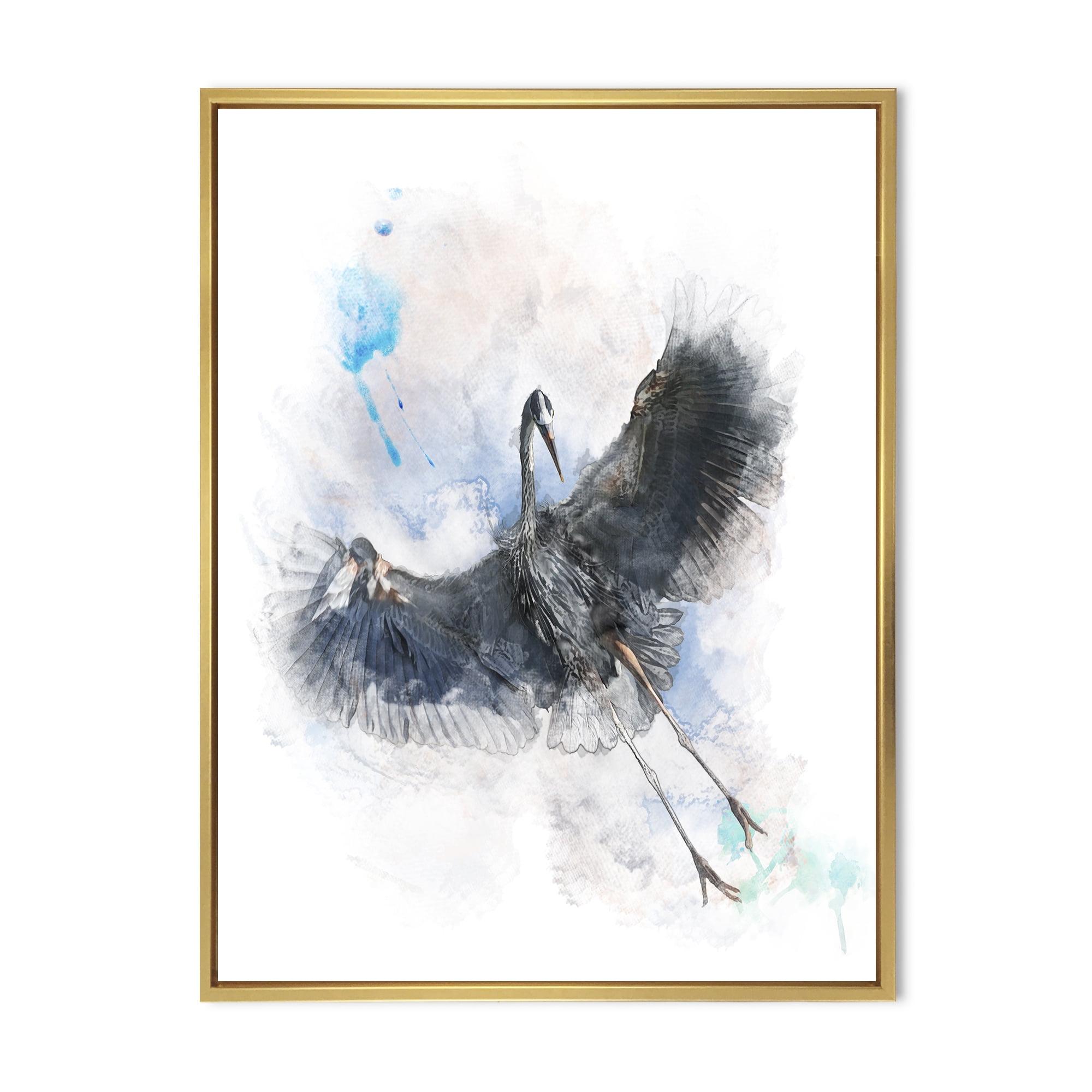 Great Dark Blue Heron Bird Illustration 12 in x 20 in Framed Painting Canvas Art Print, by Designart