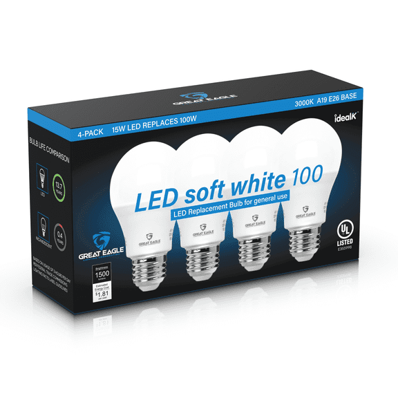 Great Eagle A19 LED Light Bulbs 100 Watt Equivalent - Soft White 3000K, 15W Non-Dimmable, 1500 Lumens (4 Pack)