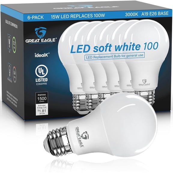 Great Eagle A19 LED Light Bulbs 100 Watt Equivalent - UL Listed - Soft White 3000K LED Light Bulbs, 15W Non-Dimmable, 1500 Lumens (6 Pack)