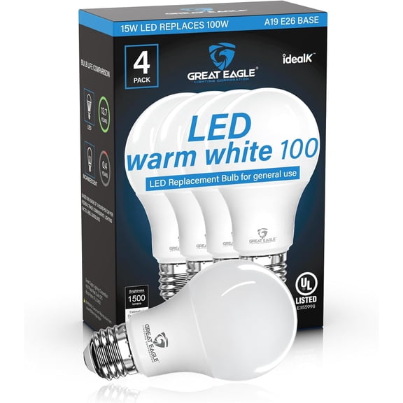 Great Eagle A19 LED Light Bulbs 100 Watt Equivalent - UL Listed - Warm White 2700K LED Light Bulbs, 15W Non-Dimmable, 1500 Lumens (4 Pack)