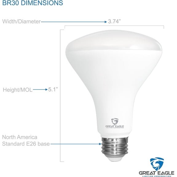 Great Eagle Lighting BR30 LED Light Bulb, 9.5W (75W Equivalent), Dimmable, 850 Lumens, 5000K Daylight, High CRI 90+, E26 Base, Indoor Flood Light for Recessed Cans, UL Listed, 6 Pack