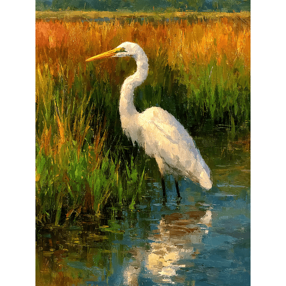 Great Egret Canvas Art, Rainfall Bird Painting, Elegant Serene Wildlife Home Wall Decor