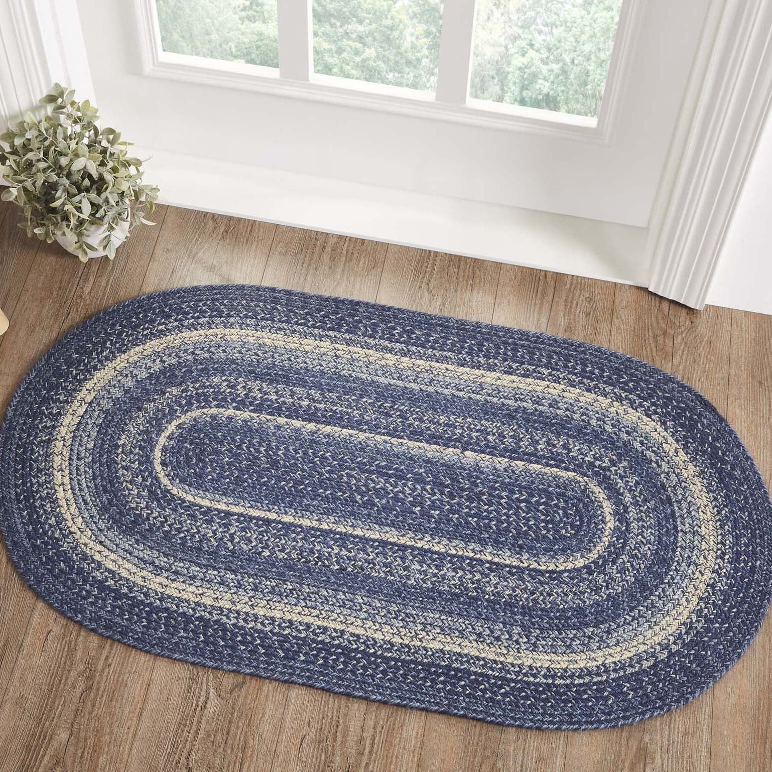 VHC Brands Great Falls Blue Jute Blend Oval Rug – 20x30 Inches With PVC Pad, Blue & White