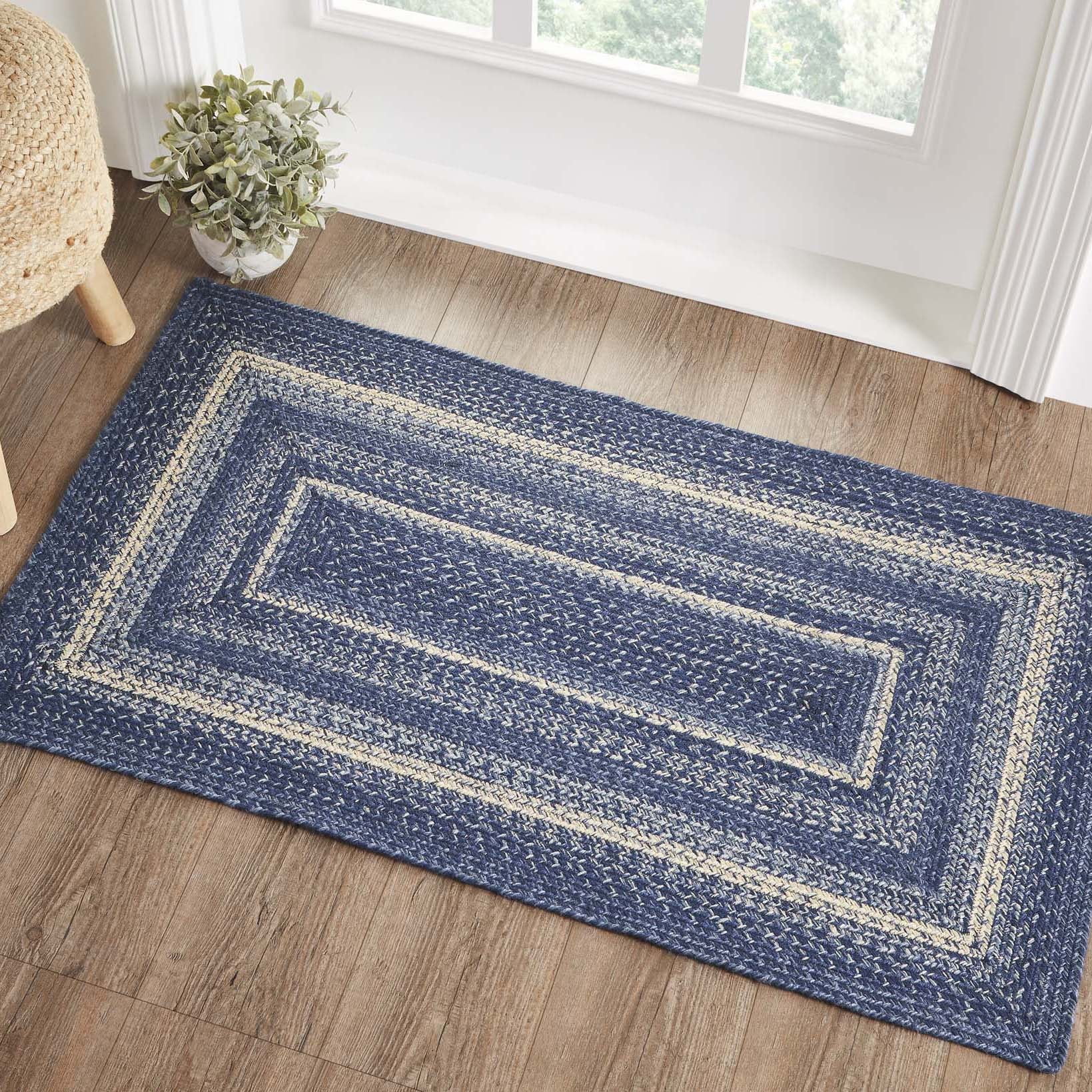 VHC Brands Great Falls Blue Rug with PVC Pad, Jute Blend, Rectangle, Blue White, 27x48 inches