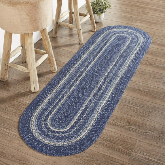 VHC Brands Great Falls Blue Rug Hall Runner with PVC Pad, Jute Blend, Oval, Blue White, 22x72 inches