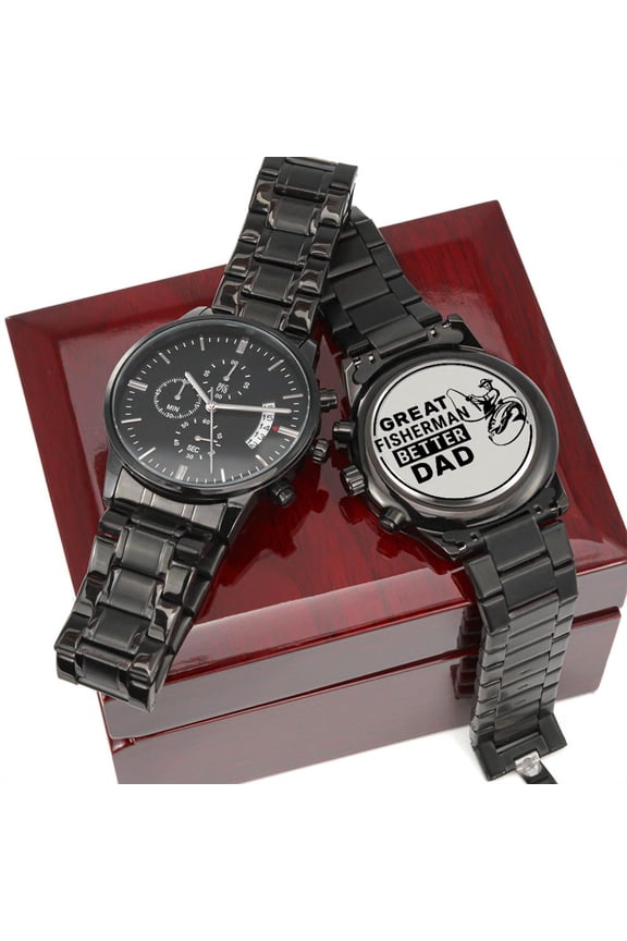 Great Fisherman Better Dad For Father Gift Engraved Black Chronograph Watch