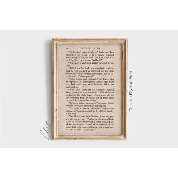 The Great Gatsby Book Page, F. Scott Fitzgerald Literary Quote Wall Art, Vintage Novel Page Decor, Bookish Home Print Home Decor #148, Unframed Poster Size 8x12